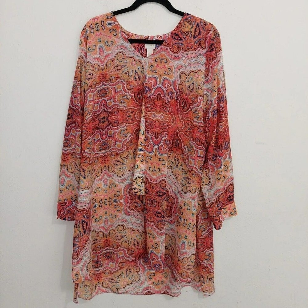 Chico's Womens Blouse Orange Size 3 (XL) Tunic V Neck Long Sleeve Polyester Work